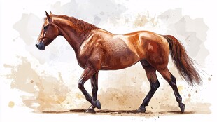 水彩风行走的棕色骏马
