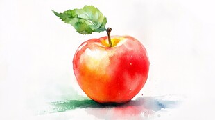 水彩绘红苹果带绿叶