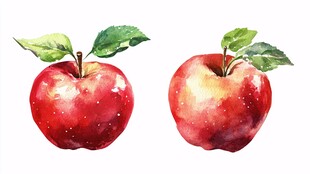 水彩绘红苹果与绿叶