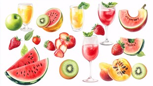 缤纷水果与饮品水彩插画
