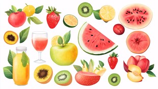 缤纷水果插画与饮品组合