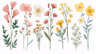 手绘多彩花卉植物集合