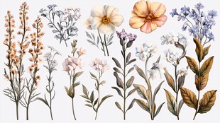 手绘风多样花卉植物集合