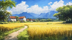 田园麦浪中的宁静村庄