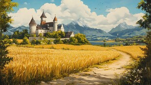 麦田中的梦幻城堡风景