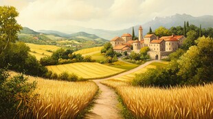 田园小径旁的古朴村庄