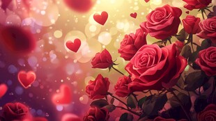 浪漫红玫瑰与爱心梦幻背景