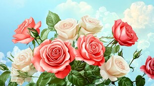 梦幻多彩玫瑰绽放蓝天