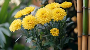 金黄菊花绽放于竹林旁