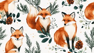 狐狸与植物的水彩图案