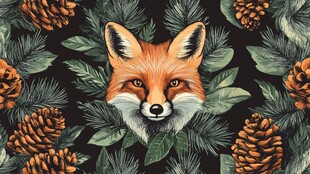 狐狸置身松果松叶间图案