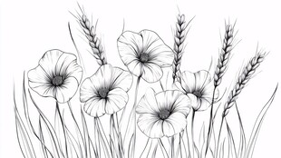 手绘花卉与麦穗线条画