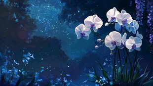 梦幻蓝调夜中绽放的兰花