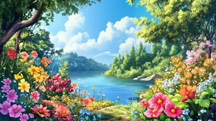 河畔繁花似锦的自然美景