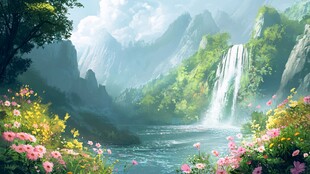 梦幻山水间的烂漫花景