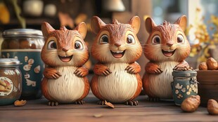 三只萌松鼠与坚果小场景