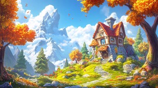 秋日山间童话小屋美景