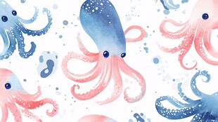水彩章鱼图案 梦幻海洋风