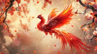 凤凰展翅于烂漫花枝间