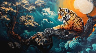 猛虎栖枝 月夜山林图景