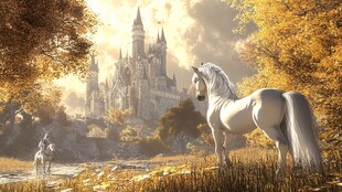 秋日下的梦幻城堡与白马