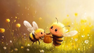 两只萌蜜蜂在花丛中劳作