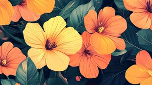 绚丽橙黄花朵与绿叶图案