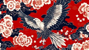 红底花鸟雄鹰中式图案