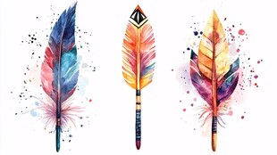 水彩绘多彩羽毛艺术插画