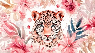 豹与繁花的梦幻水彩绘