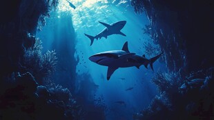 深海中鲨鱼的梦幻游动画面