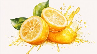 水彩风鲜柠檬与汁水飞溅