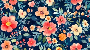 深蓝色底多彩花卉图案