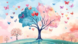 爱心树旁彩蝶纷飞的美景