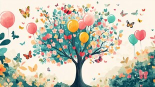 梦幻气球树 缤纷蝴蝶环绕