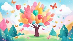 梦幻多彩树旁的蝴蝶飞舞