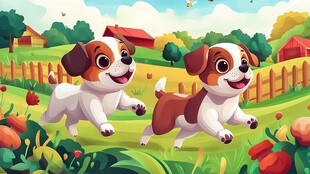 田园中欢快奔跑的两只小狗