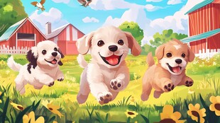 田园中欢快奔跑的可爱小狗