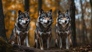 三狼秋日林间肃立