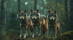 森林中伫立的三只灰狼