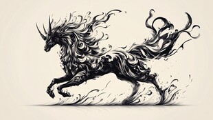 水墨风格奔腾独角兽插画