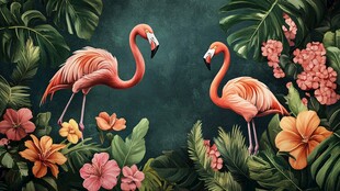 火烈鸟漫步于热带花卉间