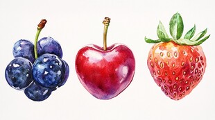水彩绘 蓝莓樱桃与草莓