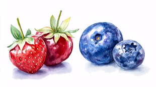水彩绘草莓蓝莓水果图