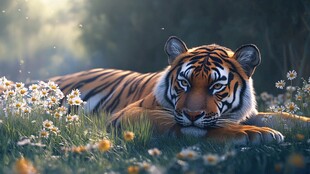 卧于花丛的优雅老虎