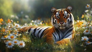 卧于花丛中的威严老虎