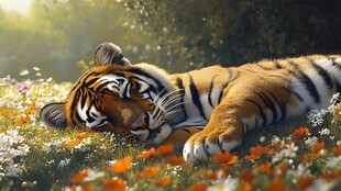 卧于花丛中的休憩老虎