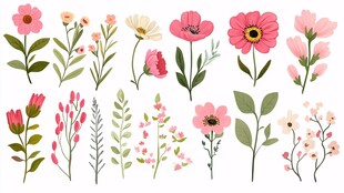 粉色花卉植物插画集合