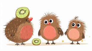 三只萌鸟与奇异果的趣味场景