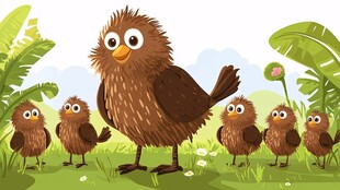 鸟妈妈与小鸟们在草地上